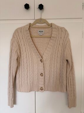 American Eagle Cream Cable-Knit V-Neck Cardigan
